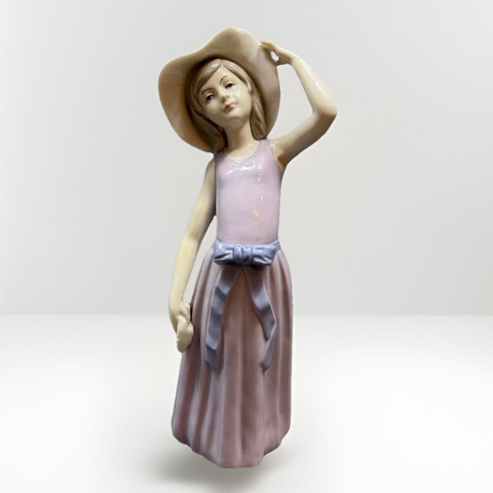 Vintage KPM Porcelain Girl Figurine Pink Dress Hat Statue Decorative Figure